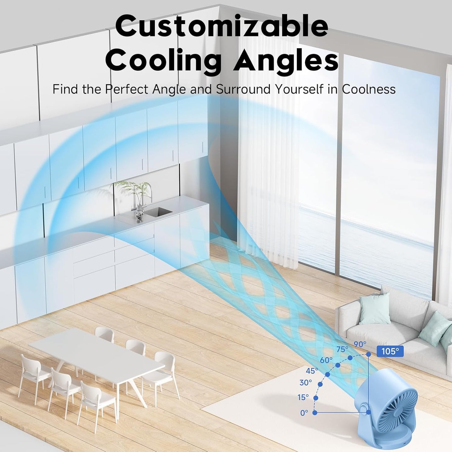 YOSHENMO Desk Fan, Turbo Table Fan for Bedroom, 100-Speed Digital Display, Low Noise, 105° Adjustable Tilt, 7.5-inch, Rechargeable Battery, Wall-Mouted Design for Home, Office, Travel Blue