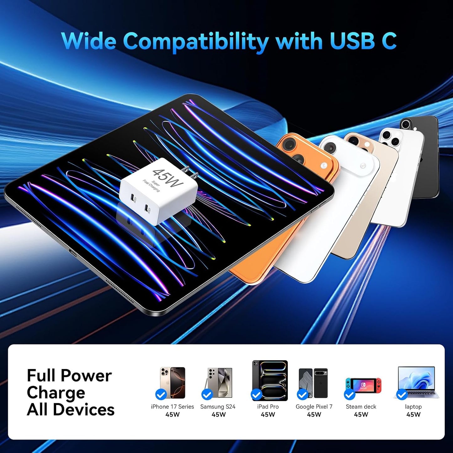 USB C iPhone Fast Charger,45W USBC Type C Charger with Long 10 FT USB C Fast Charging Cable Cord, Dual USB C Phone Charger Block for iPhone 17 Pro Max/17 Pro/Air/17/16/16 ProMax/Plus/S24/S25/S26