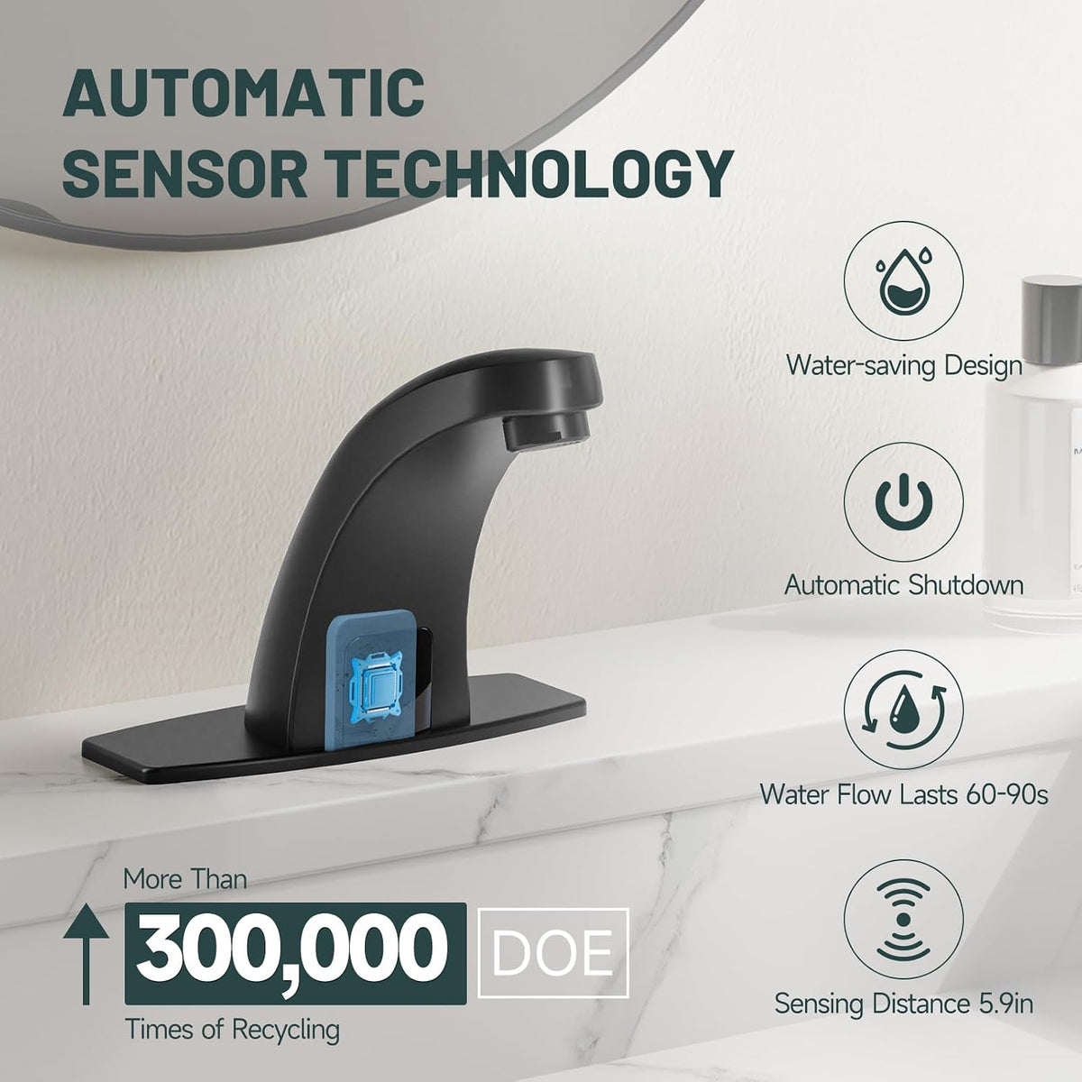 Touchless Bathroom Faucet, Sensor Faucets, Matte Black