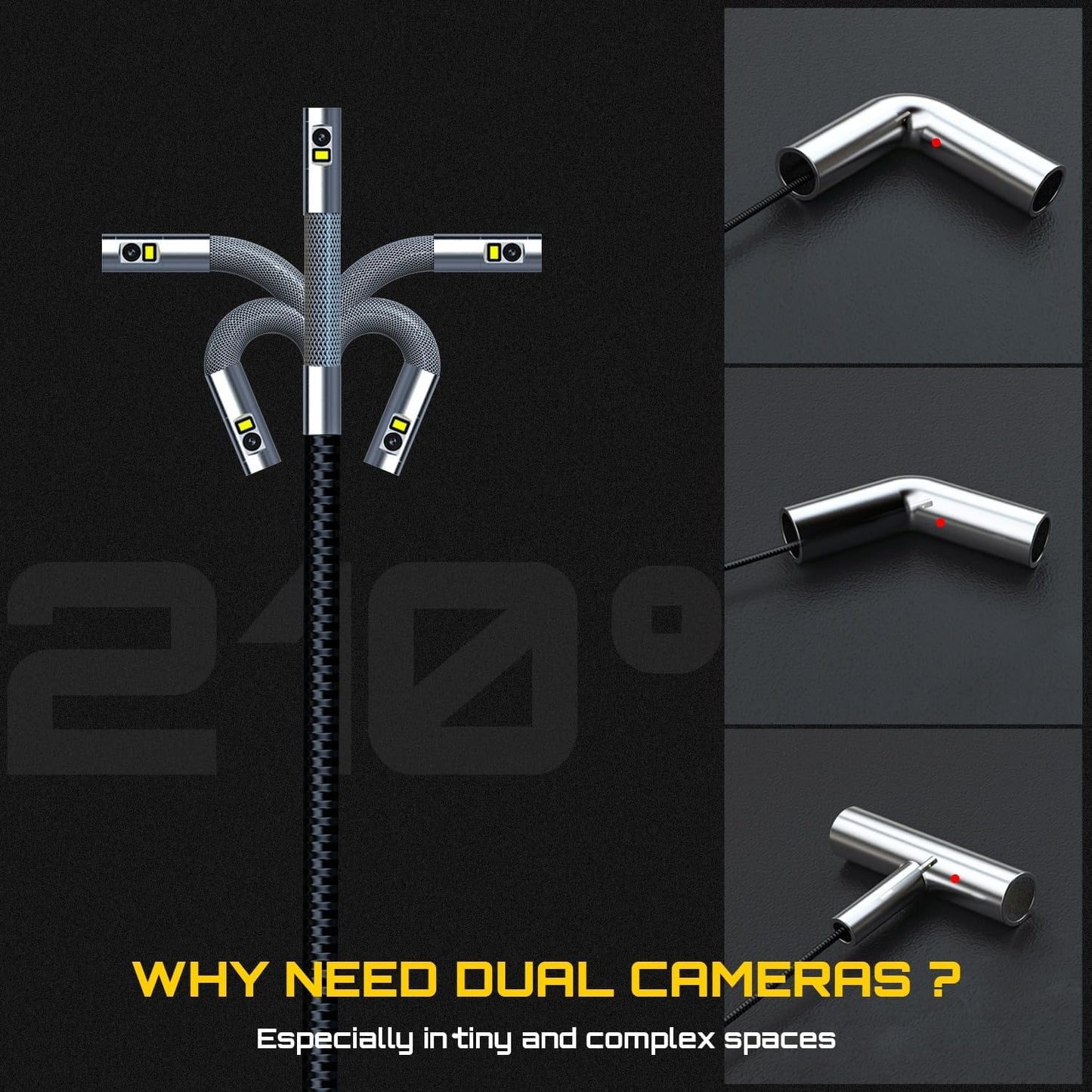 Patented Dual Lens Articulating Borescope with Light, 0.25in Ultra-Thin Probe, 5-inch HD Display, Flexible Snake Endoscope Camera for Aerospace Automotive Engine HVAC Wall Inspection-5FT