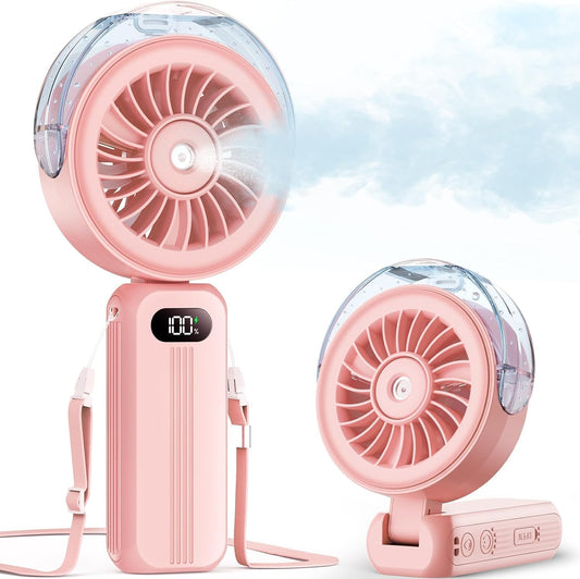 Otlonpe Handheld Misting Fan Portable, Powerful 4 High Speeds Rechargeable Small Hand Held Fan Water Mist, 4000mAh Battery Operated, Foldable, Lanyard, Personal Cooling for Travel Men Wome