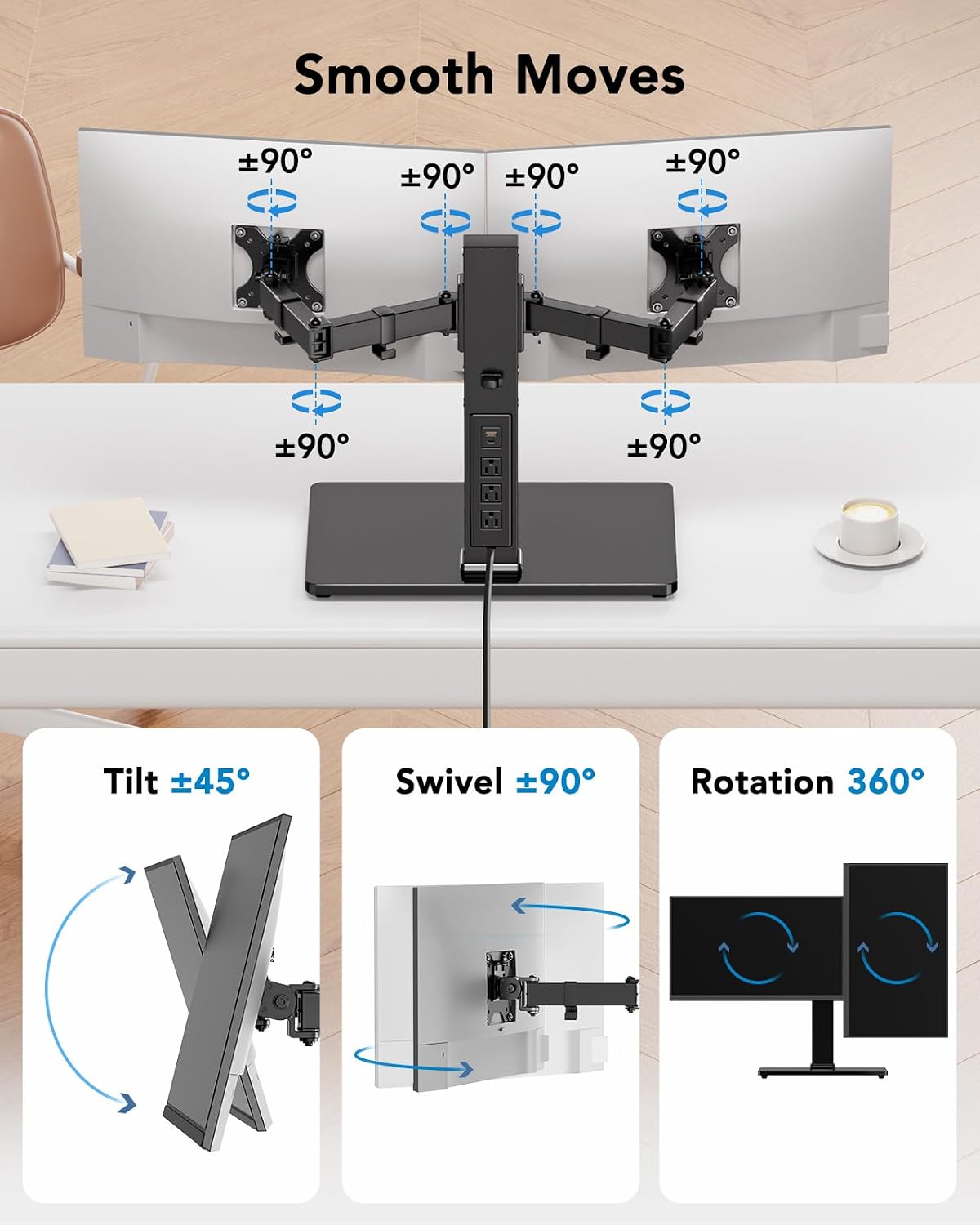 HUANUO Dual Monitor Mount with Power Outlet, Computer Monitor Stand with Sturdy Glass Base, Full Motion Dual Monitor Stand with Adjustable Height, Supports 13″-32″ Displays up to 22 lbs, Easy Setup