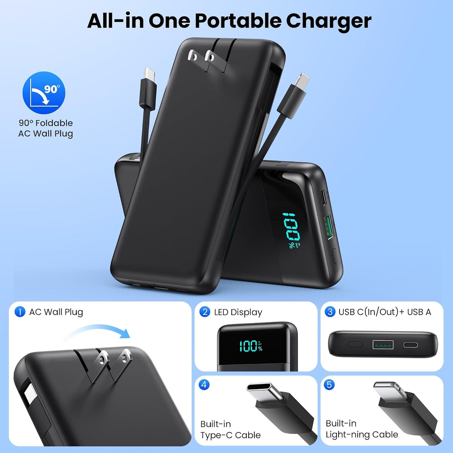 Portable Charger Power Bank for iPhone with Built-in Cables and AC Wall Plug, 13800mAh Ultra Slim Travel Essentials,USB C Fast Charging External Battery Pack for iPhone 17/16/15/13,Galaxy,Android etc