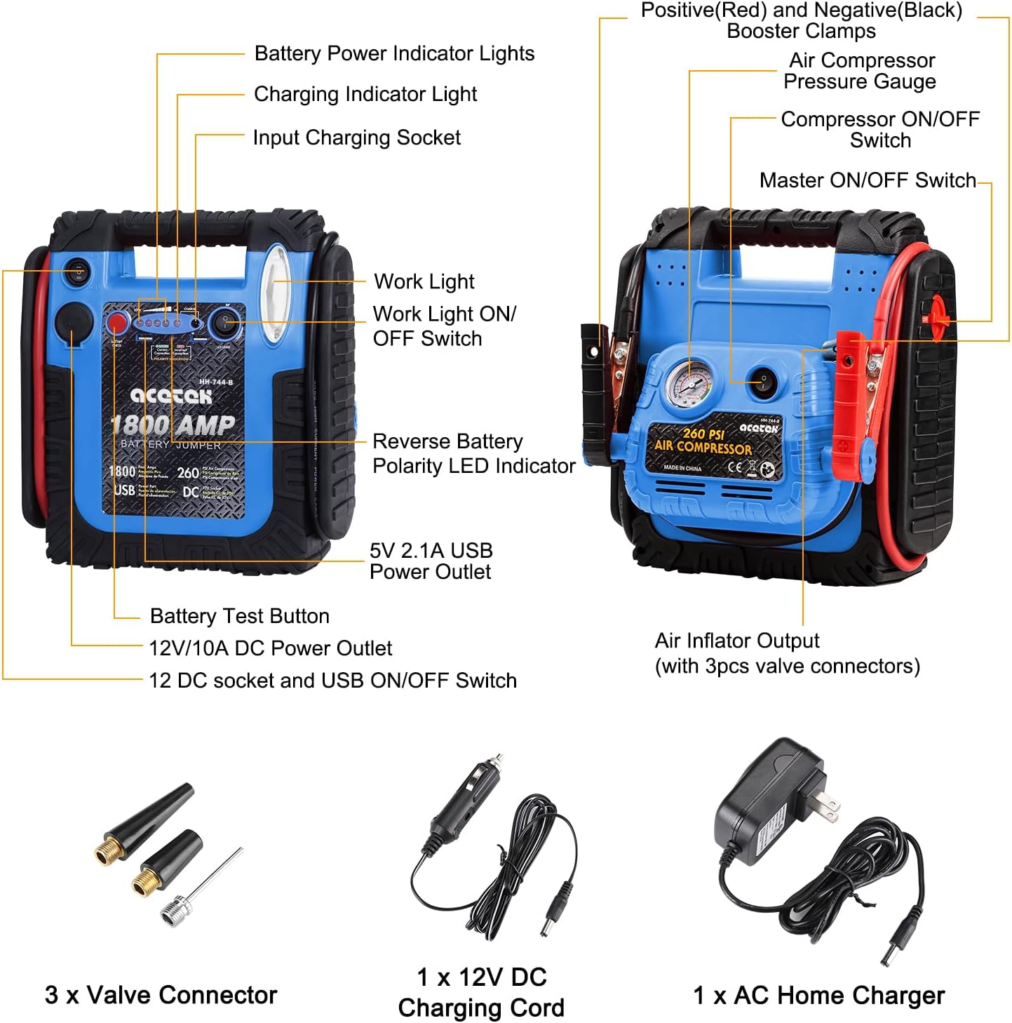 1800 Amp Jump Starter with Air Compressor, acetek Car Battery Jump Starter 260 PSI Tire Inflator, 20000mAh 12V Auto Lead-Acid Battery Booster (Up to 6L Gas or 6L Diesel Engine) with LED Light & USB