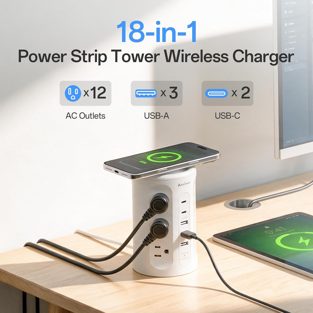 Power Strip Tower with USB Ports, 6.5 FT Extension Cord with Multiple Outlets (12AC+3A+2C) for Home Office Desk College Dorm Room Supplies