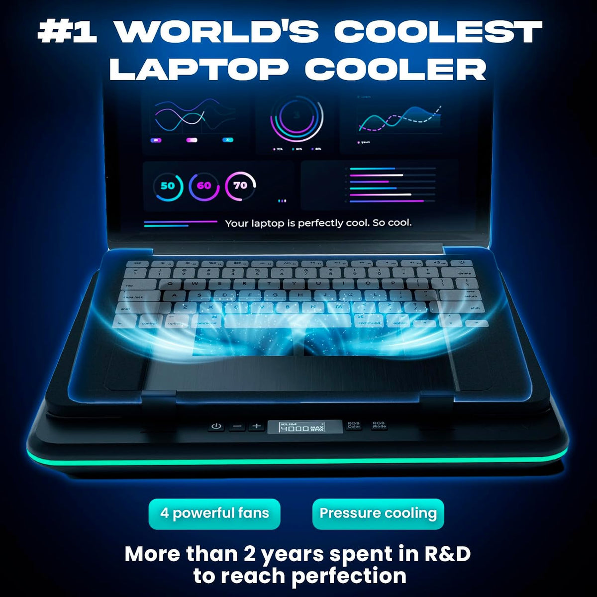 KLIM Turbofrost Gaming Laptop Cooling Pad, 16,000 RPM, RGB, USB-C/DC | 4 turbo fans, aircraft-grade aluminum, anti-dust, dual USB-C/DC power, 3 extra USB ports, up to 17.3in, Full Black