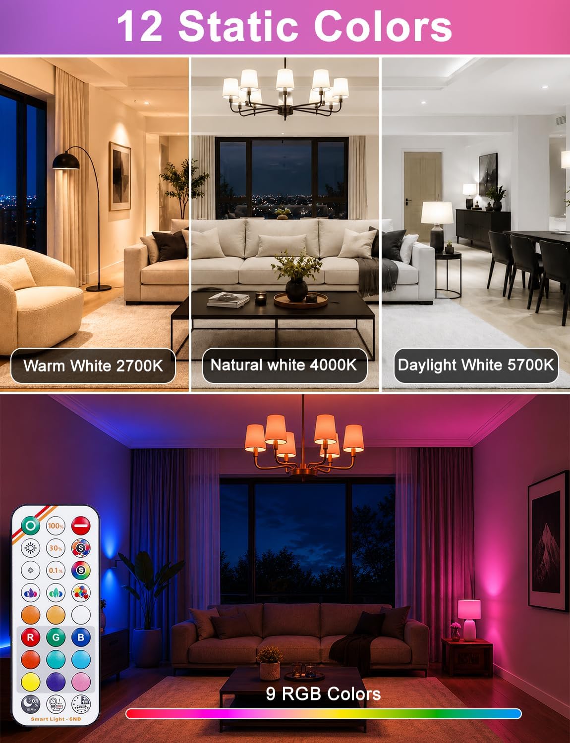 Color Changing Light Bulb with Remote 12W A19 E26 LED Light Bulbs 4 Pack