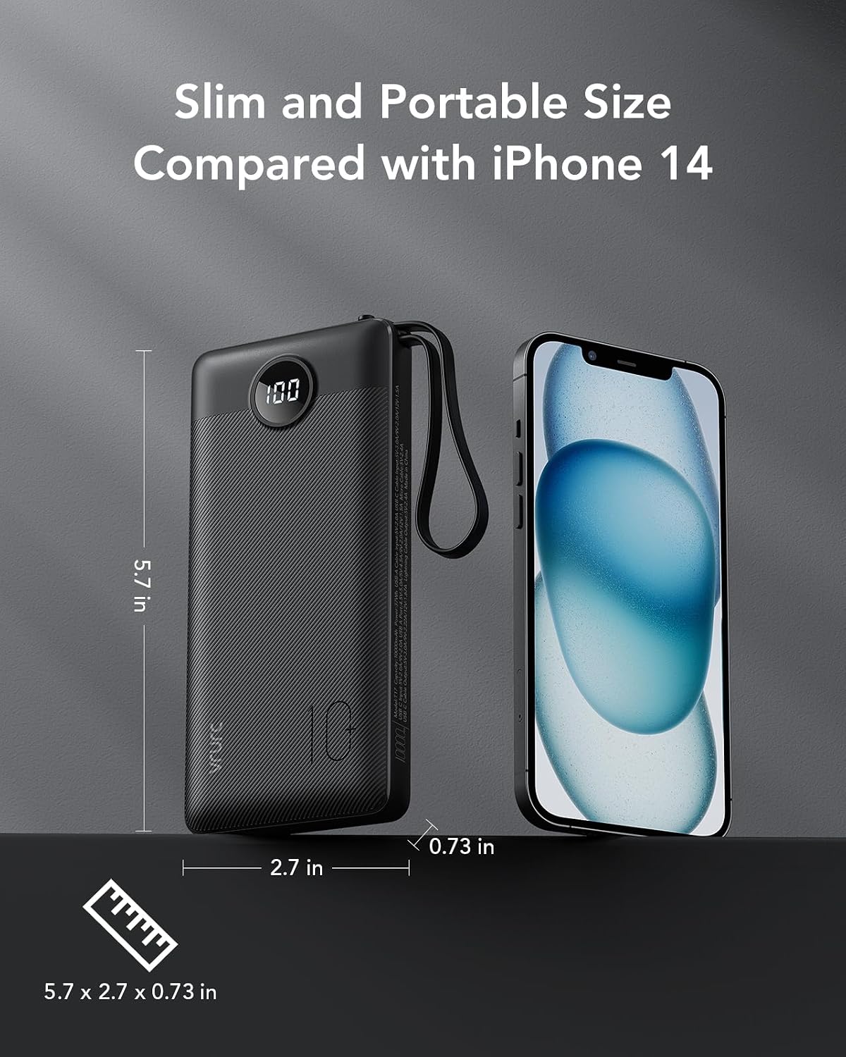 VRURC Portable Charger, 20W PD Fast Charging Power Bank Built in 4 Cables | 10000mAh Compact Portable Phone Charger, 5 Outpputs USB C Battery Pack for iPhone, Samsung & Multi Devices-Black(1 Pack)