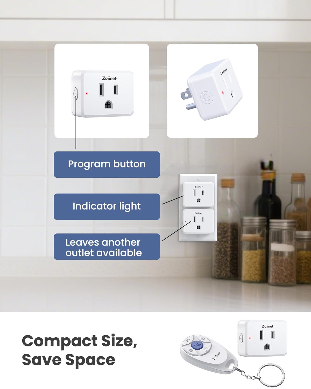 Zoiinet Mini 3-Gang Remote Control Outlet Plug Switches, Mini Key Design | 80-275V/15A/1500W, Removable, No Wiring No WiFi, 300 ft, Expandable, for Household Appliances, Christmas Tree, Fans, Lamps