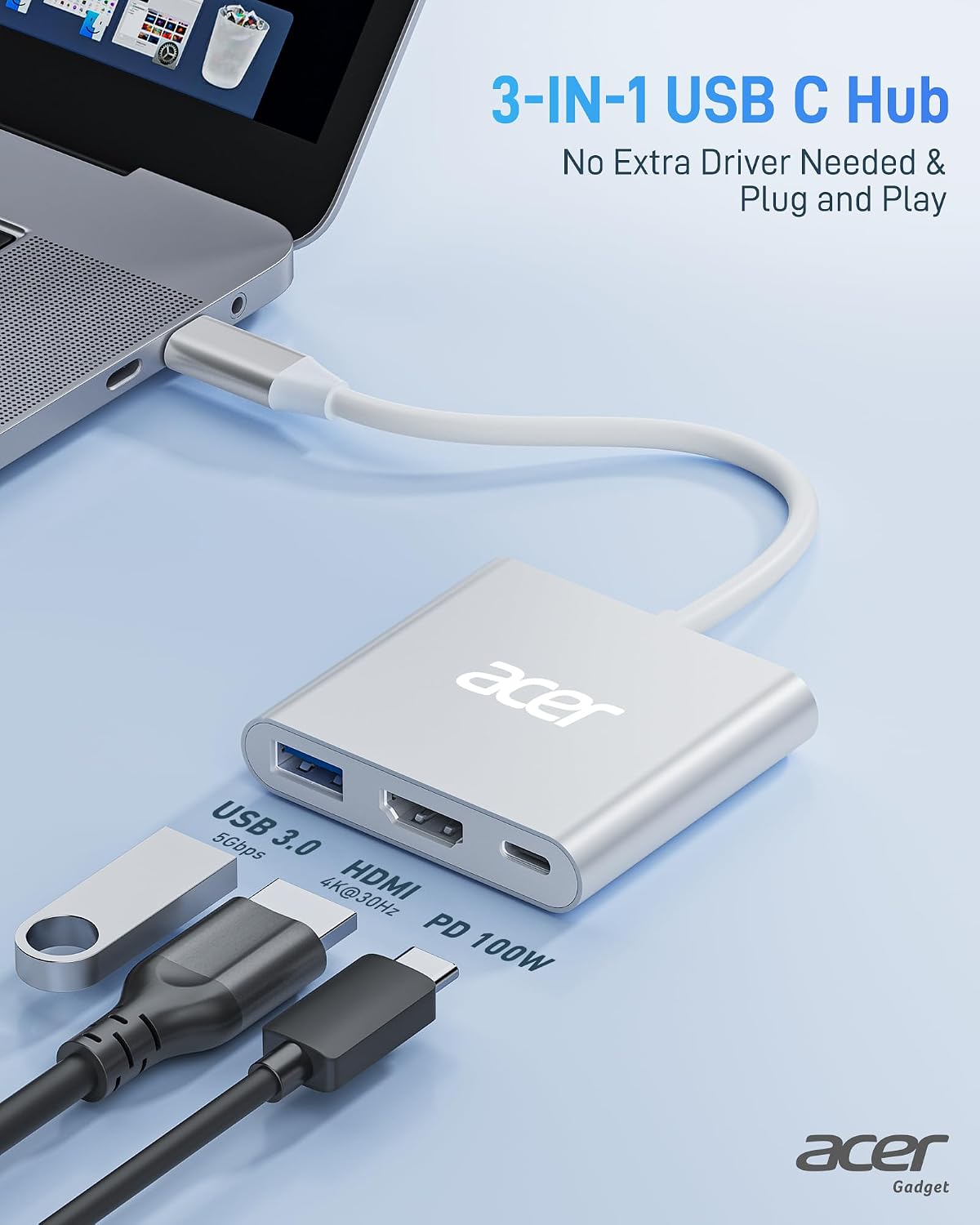 Acer USB C to HDMI Adapter, 4K USB C Hub with 100W PD for Laptop/Monitor/TV