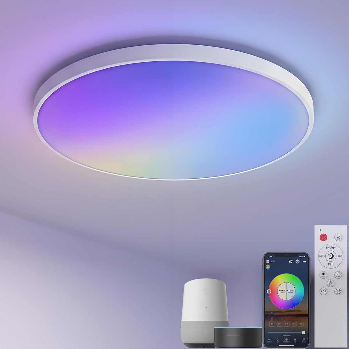 Smart LED Ceiling Light 12" Flush Mount with Remote, Hardwired (AC Powered) - RGB Color Changing & 2700K-6500K - Alexa/Google Home Compatible, IP44 Waterproof for Bedroom Bathroom, 30W 2200LM