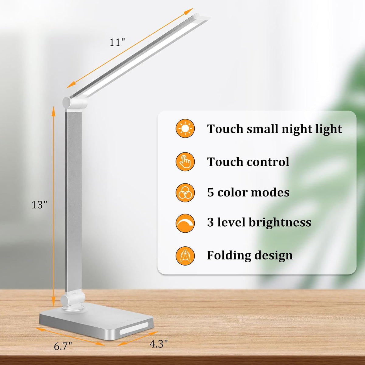 Dott Arts LED Desk Lamp with USB Ports,Touch Desk Lamps for Home Office with 5 Color Modes,3 Brightness Desk Light with Small Night Light,Reading Lamp Table LED Lamp for Bedroom Bedsid Study Sliver