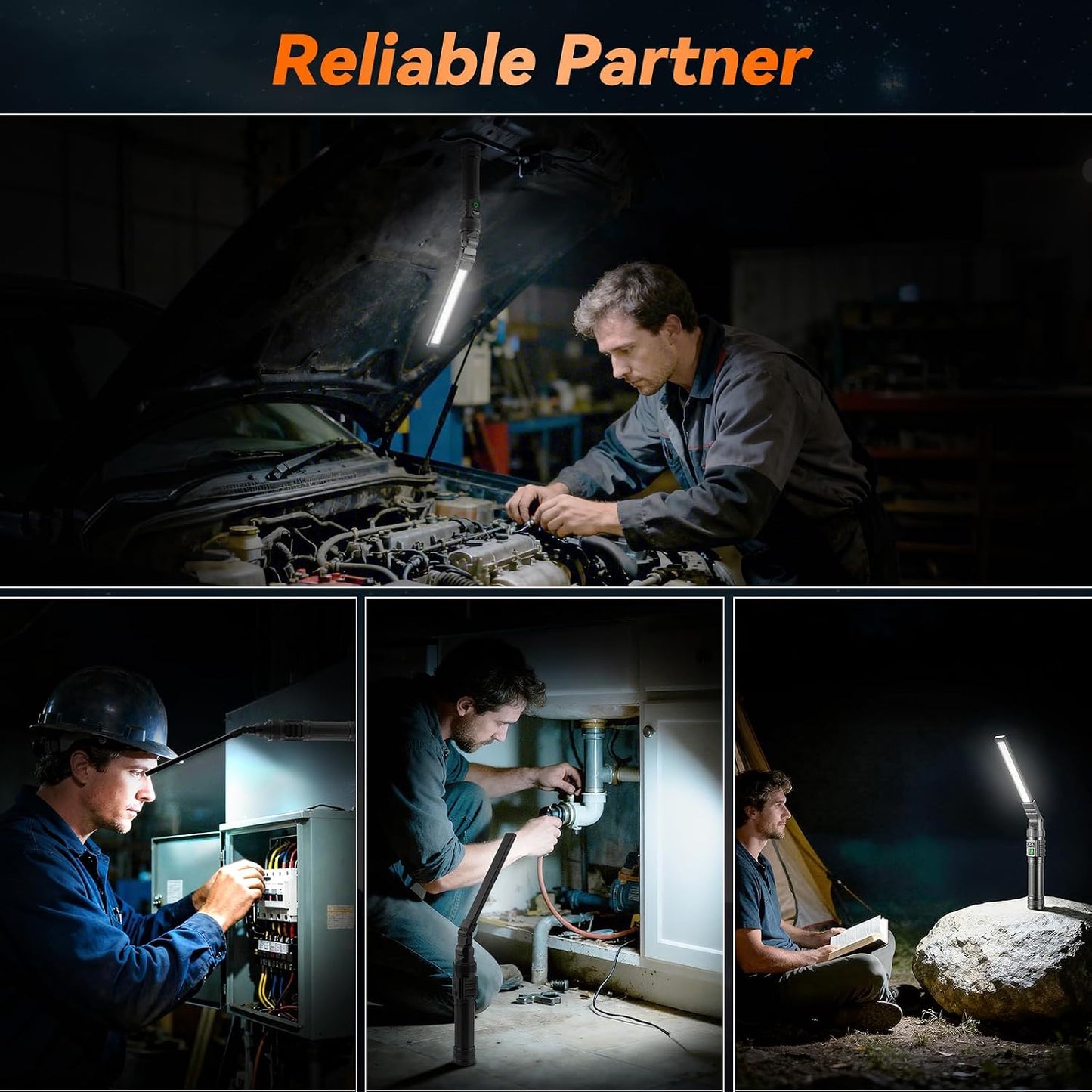 2Pack Magnetic Rechargeable LED Work Light/Flashlight for Mechanics | All Aluminum, 1500 High Lumens, Digital Display, 7 Modes, 360° Rotation, for Car Repairing, Emergency, Gifts for Father