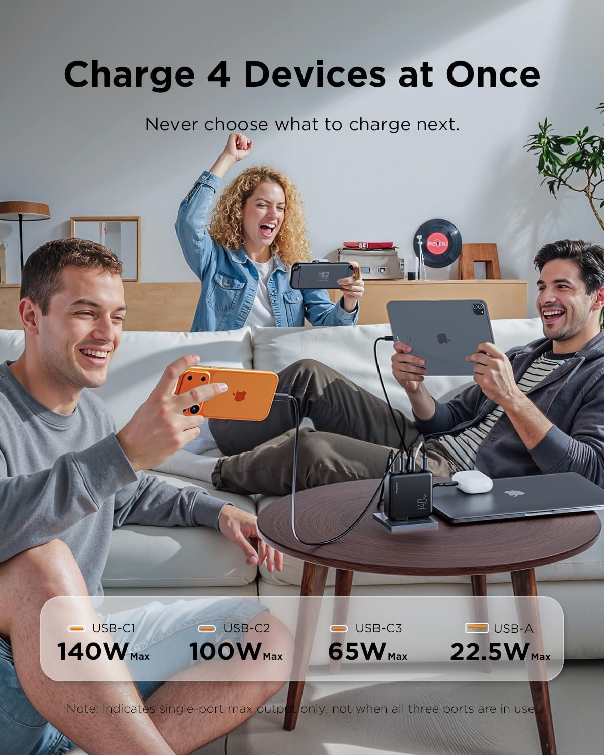 140W USB-C Charger for Laptop, Slim 4-Port PD 3.1 GaN Block-Black | Fast Charging, Foldable Plug, Type‑C Wall Charger Power Adapter for MacBook Air/Pro, iPad, iPhone 17/16, Galaxy S25