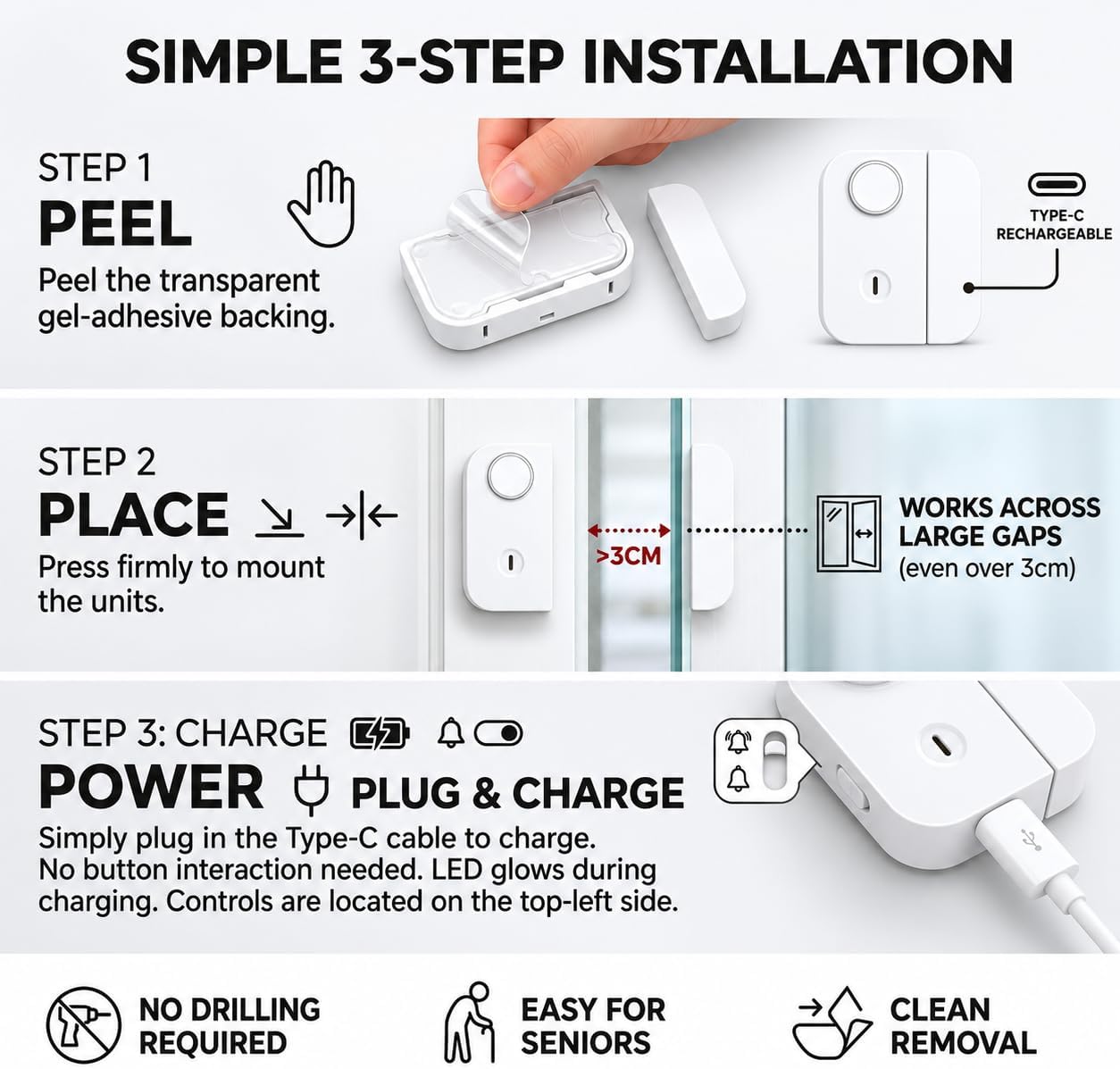 Premium Door Window Alarm with 130dB Siren & Blinding Strobe Light, Rechargeable Smart Dual-Mode Security Sensor for Travel, Hotel, & Home, Washable Nano-Adhesive Drill-Free Installation