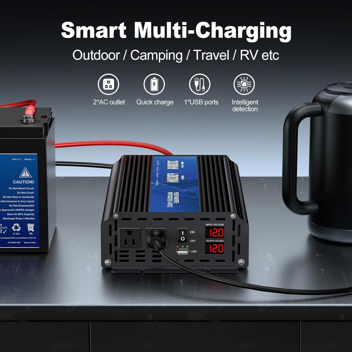 3000W Power Inverter 12V DC to 110V/120V AC Converter, 6000W Peak RV Use | LCD Display & Remote Control, Dual AC Outlets，3.4A USB Port for RV, Truck, Solar System, Emergency Backup, Camping,Off-Grid
