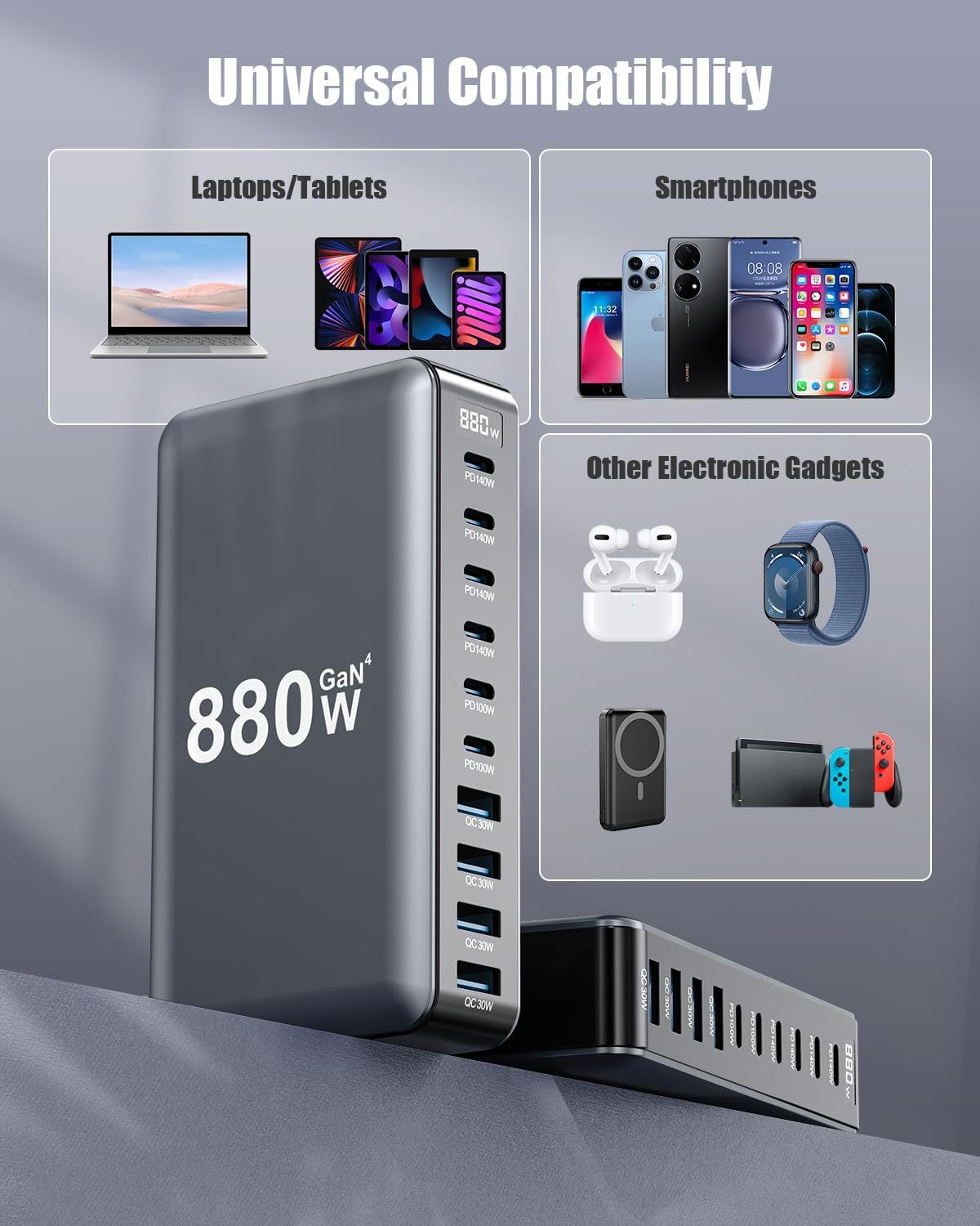 880W USB C Charger Block,10-Port USB C Charging Station GaN IV Travel Essentials Multiple Port Charging Station,140W Laptop Fast Charger Adapter for MacBook Pro/Air,DELL,iPad,iPhone,Samsung Galaxy