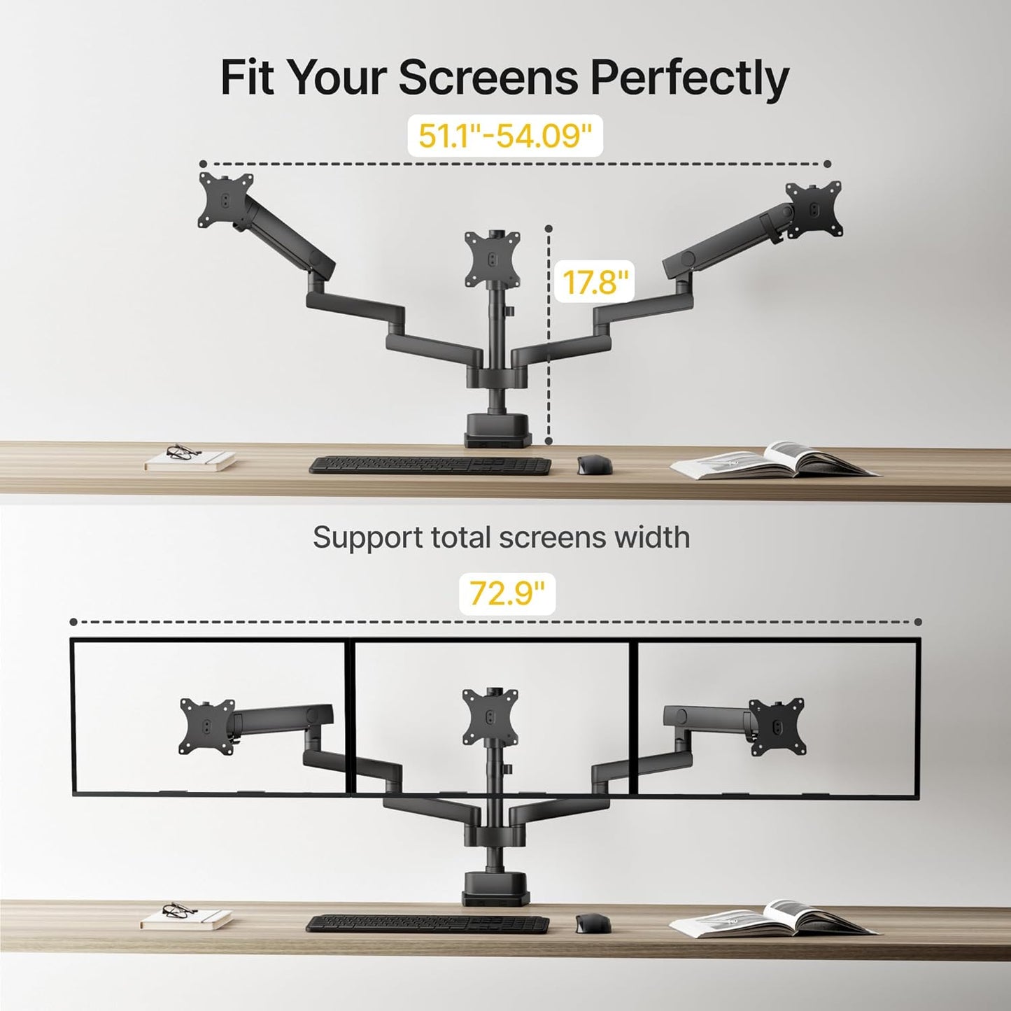 monTEK Triple Monitor Mount for 13"-27" Screens, Max 19.8 lbs Each Arm | Heavy Duty Aluminum Full Motion 3 Monitor Desk Stand, Height Adjustable Swivel Tilt Bracket, Clamp & Grommet Mounting