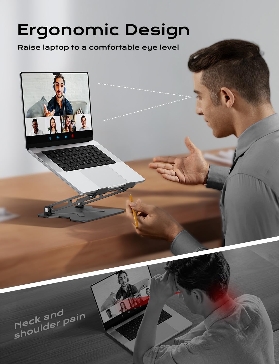 JCZT Adjustable Laptop Stand for Desk, Metal Foldable Laptop Riser, Black | Ergonomic Portable Laptop Stand, Ventilated Cooling Computer Notebook Holder for MacBook Air Pro, All 10-16'' Laptops