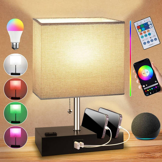 Smart RGB Dimmable Table Lamp Work with Alexa&APP&Remote Control, Gray | Bedside Desk Lamp with Charging Ports&Outlet&Phone Stand, Music Sync Nightstand Lamp for Bedroom Living Room Office Dorm