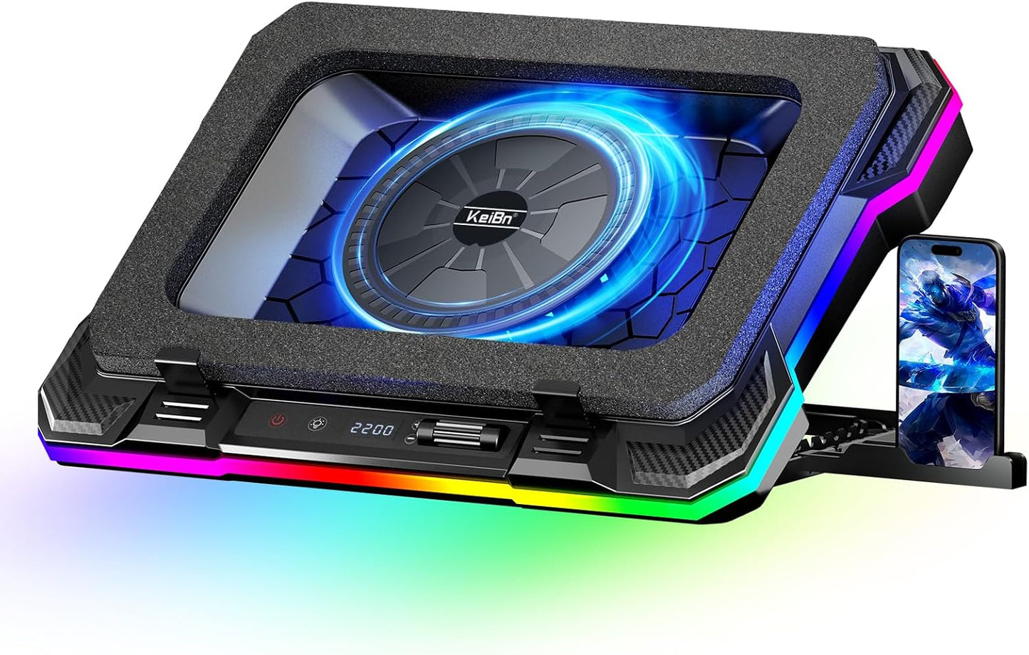 KeiBn Gaming Laptop Cooling Pad, Laptop Fan Cooling Pad with 5.5inch RGB External Fan, Rapid Cooling Laptop 15.6-19.3inch, 8 Height Stands, 2 USB Ports, Phone Holder-K1 5V RGB