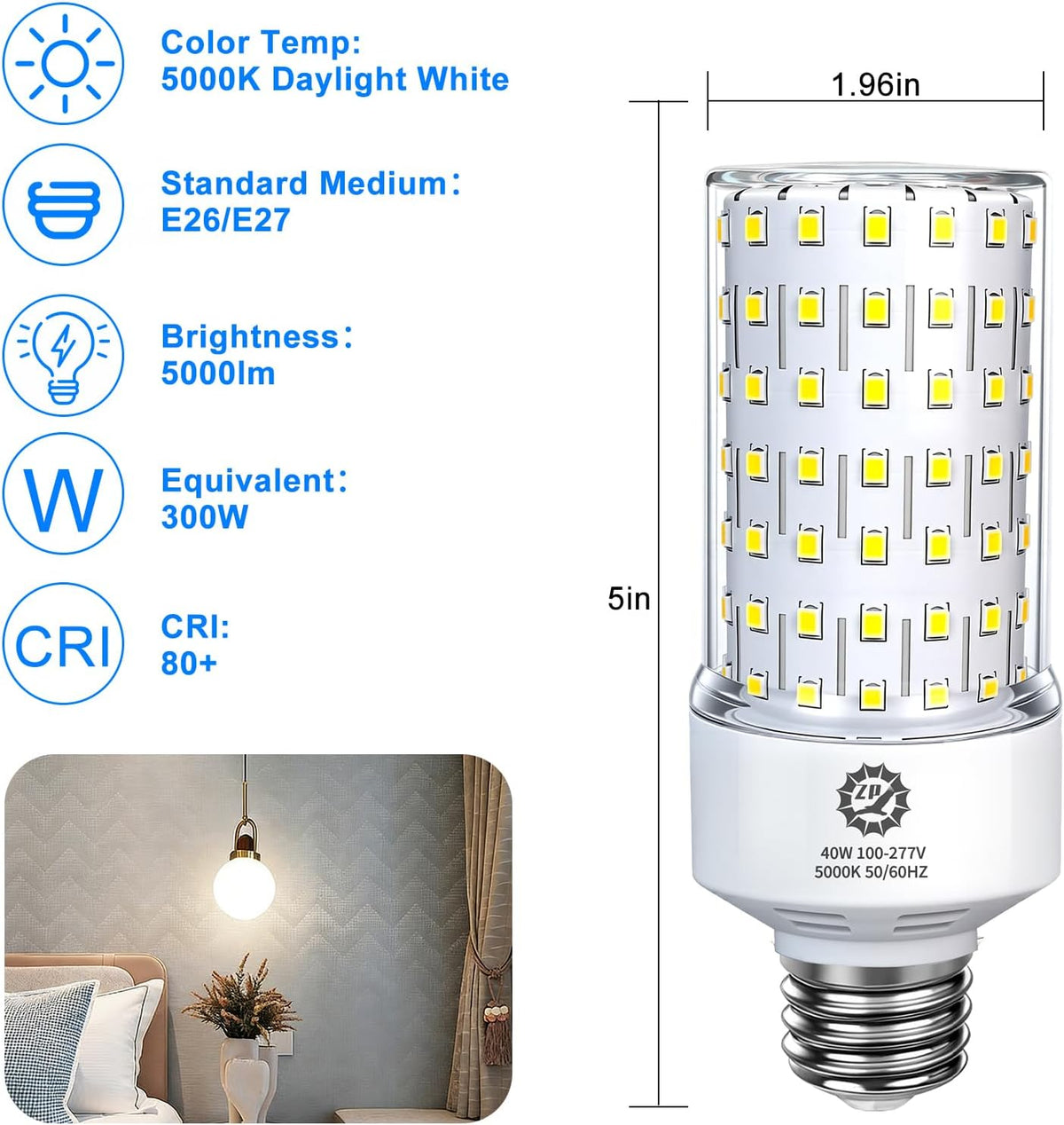 ZP 40W LED Light Bulb 2 Pack Corn Bulb Daylight Bulb E26/E27 Medium Base