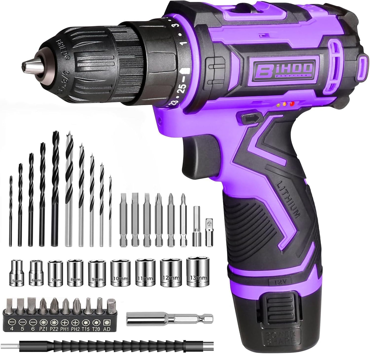 Purple 12V Cordless Drill with 3/8" Keyless Chuck for Gift for Men Women | 25+1 Torque Settings, 25Nm, 43Pcs Drill Bit Set, 0-1600 RPM Dual Speed, 2000mAh Li-ion, LED Light, Electric Screwdriver