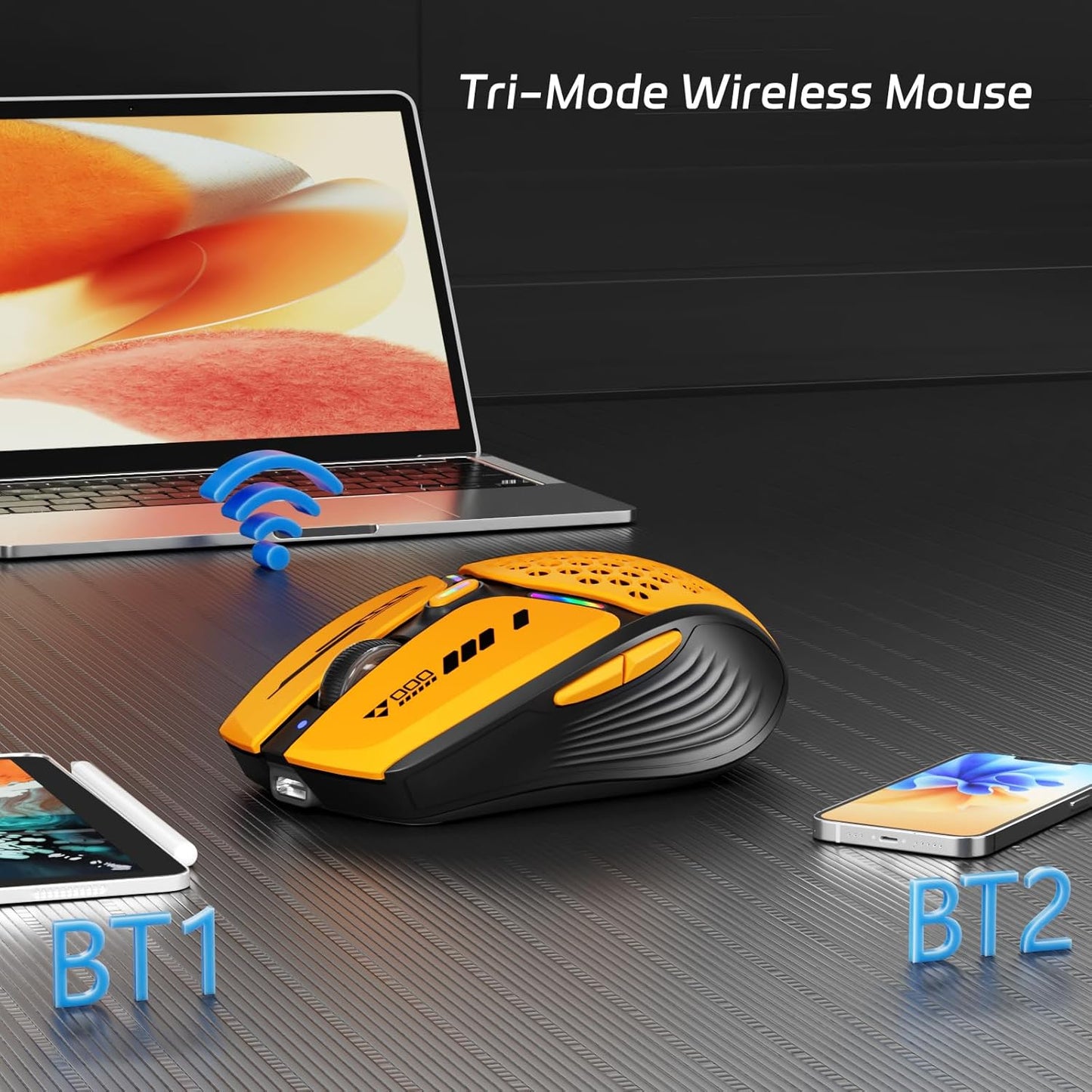 Uciefy Bluetooth Wireless Mouse, USB C Rechargeable Mice for Laptop-Orange | Tri-Mode BT5.0/5.1+2.4GHz, LED, Battery Level Visible, Honeycomb Magnetic Shell Cover, Portable, USB Receiver,Type C Adapter
