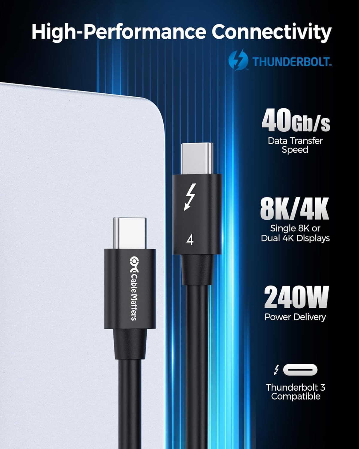 Cable Matters [Intel Certified] 40Gbps Thunderbolt 4 Cable, 3.3ft / 1m | Black, [8K@60Hz / 4K@240Hz, 240W Charging, 40Gbps Data Transfer], Compatible with Thunderbolt 3, USB4, USB-C