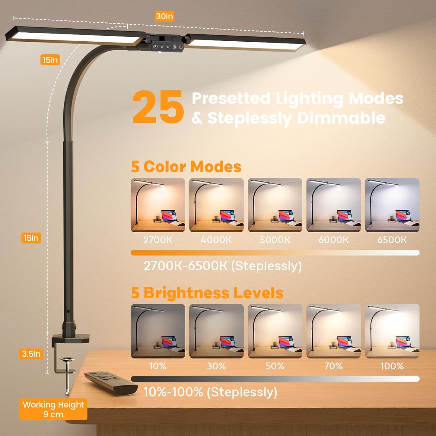 Upgraded Desk Lamp for Home Office - Dimmable Computer Desk Light with Remote, Modern Architect Task Lamp with Color Changing, Flexible Desktop Lamp with Gooseneck for Monitor, Double Head