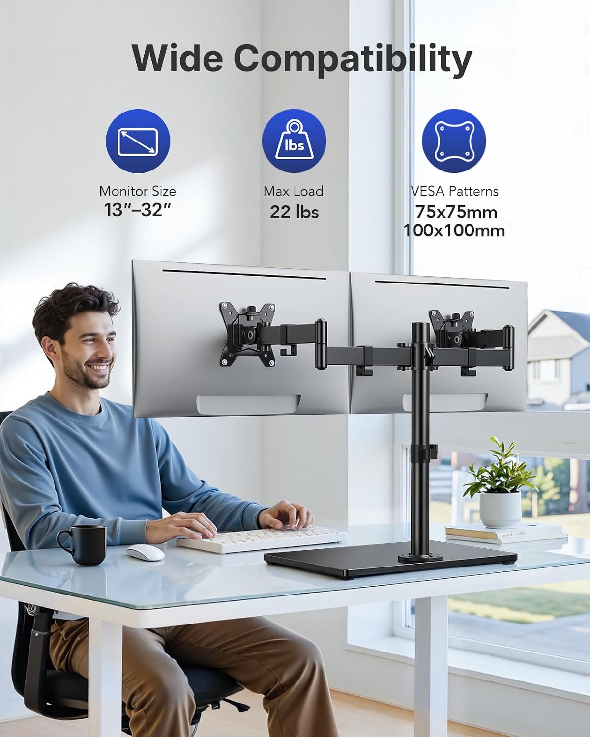 HUANUO Free Standing Dual Monitor Stand for 13-32 Inch Monitors, Glass Base | Free Standing Base, Two Setup Options, Adjustable Dual Arms, 22 lbs per Arm, VESA 75x75/100x100mm, Easy Portrait Rotation