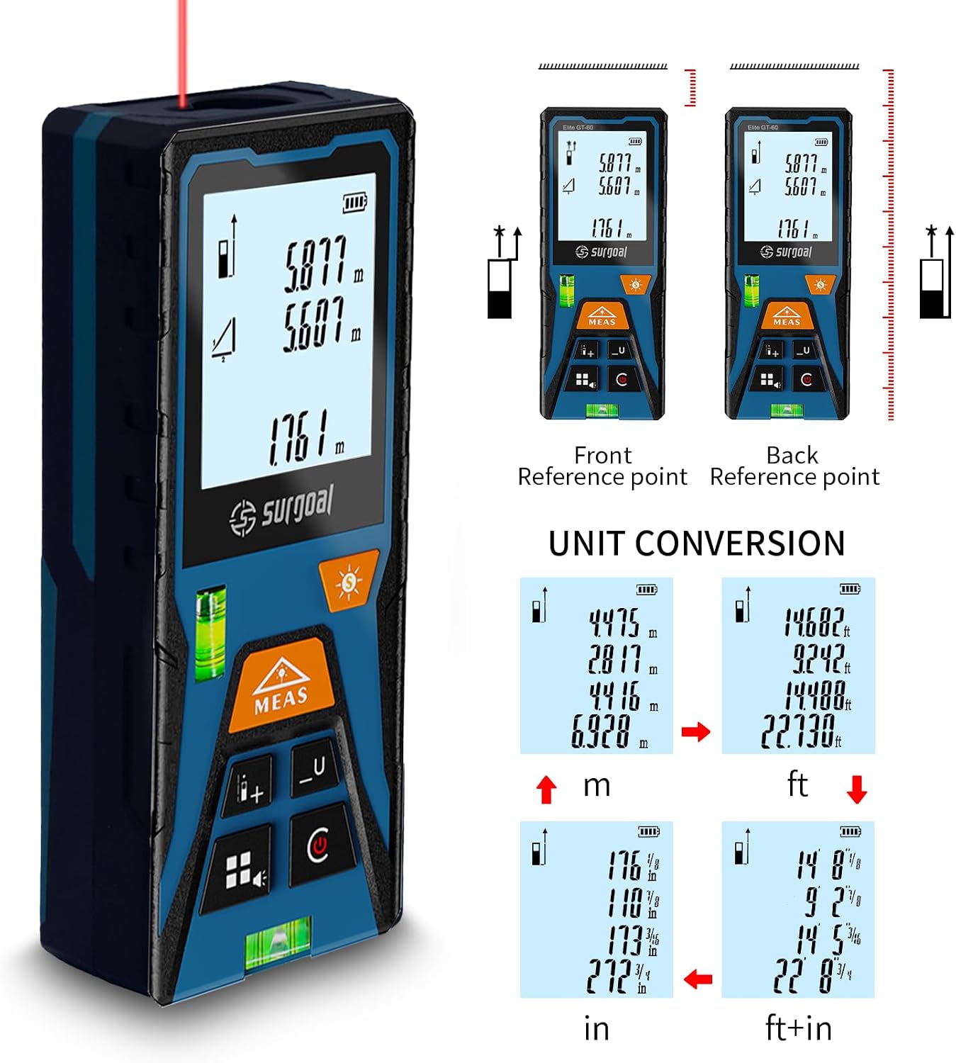Laser Distance Measure Backlit LCD with Bubble Levels Enhanced-Bright 328FT | Area / Volume / Pythagorean, Ft/In/Ft+In/M Unit Switching, Includes AAA Batteries, Home DIY Woodworking Indoor Projects Gift