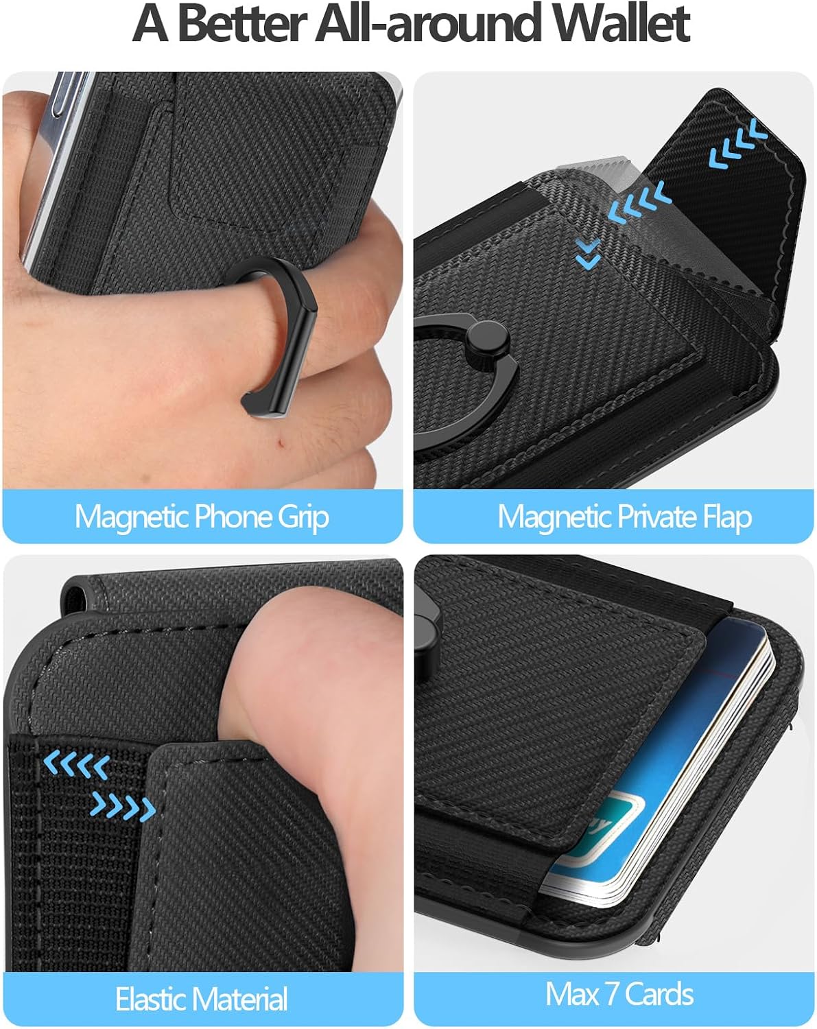 for Magsafe Wallet with Grip, 6-Card Holder; Stronger Magnetic Phone Wallet | Magnetic Card Wallet Holder for iPhone 17/16/15/14/13/12 Series, Privacy Flap, RFID Blocking, Carbon Fiber Black
