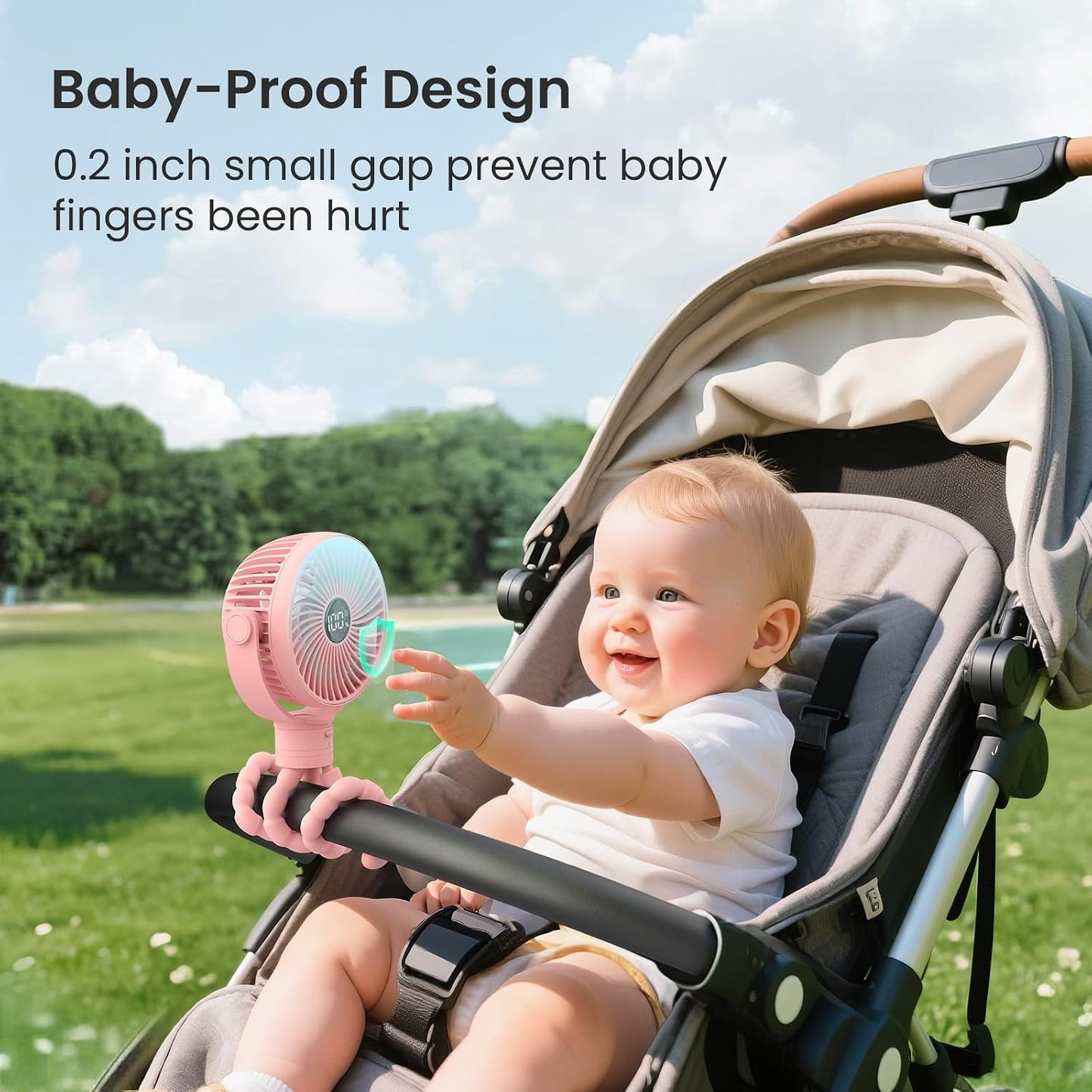 Coohea Portable Stroller Fan, 25H Long-lasting, 4 Speed, Night Light, Pink | 4000mAh Rechargeable Battery Powered Fan, Head Detachable 360° Rotate Mini Fan, Easy to Wrap for Car Seat Crib Bike Treadmill