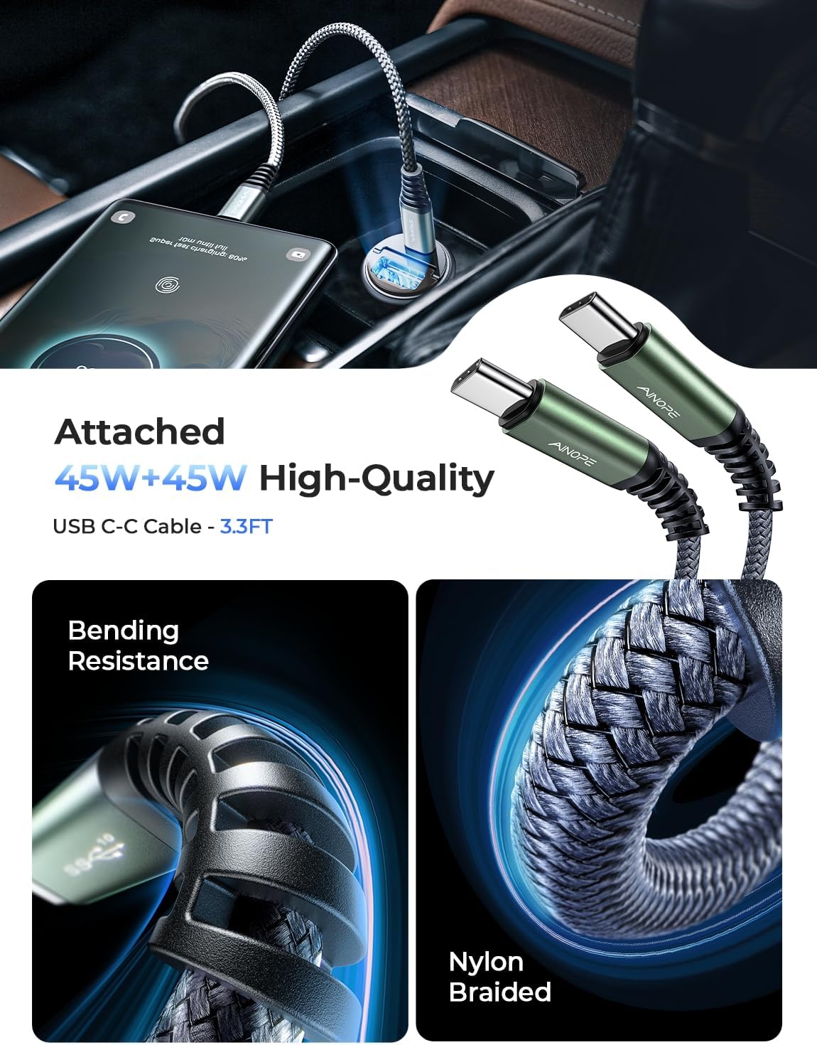 AINOPE 90W for iPhone 17/16/15 Pro Max Car Charger USB C Fast Chage, [Mini&Metal] Invisible Cigarette Lighter Adapter with 3FT USB C to C Cable, Car Accessories for Mother Him Her, Adapter for iPhone