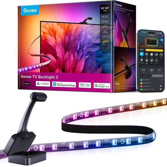 Govee TV Backlight 3 with Dual 4MP Lens, TV Lights Sync to 55-65 Inch TVs | RGBWIC LED Strip Lights for Movie Night, Smart AI Color Filter, App & Voice Control, Compatible with Matter, 60LEDs/m, 11.8ft