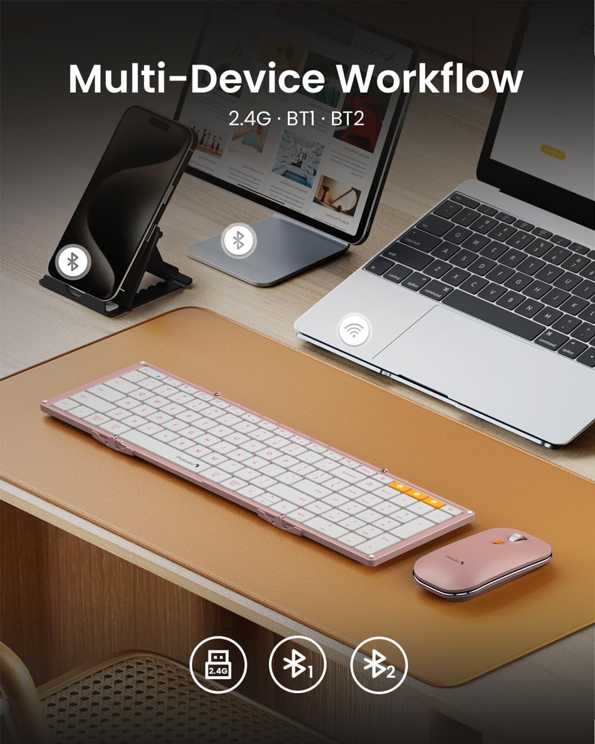 ProtoArc XKM01 Full-Size Foldable Keyboard Mouse Combo for Travel - Pink