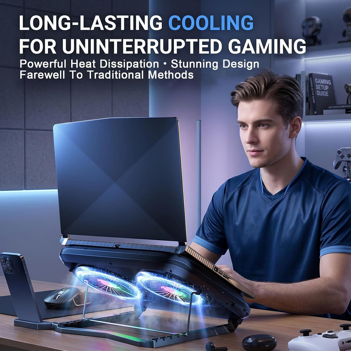 Dual-Core Gaming Laptop Cooling Pad, 9500 RPM Turbofans Smart LED Display Fast Cooling Laptop Cooler for 12-21in Laptops 5 Height Stands 100 Gear Speed RGB Light Phone Holder (Black)