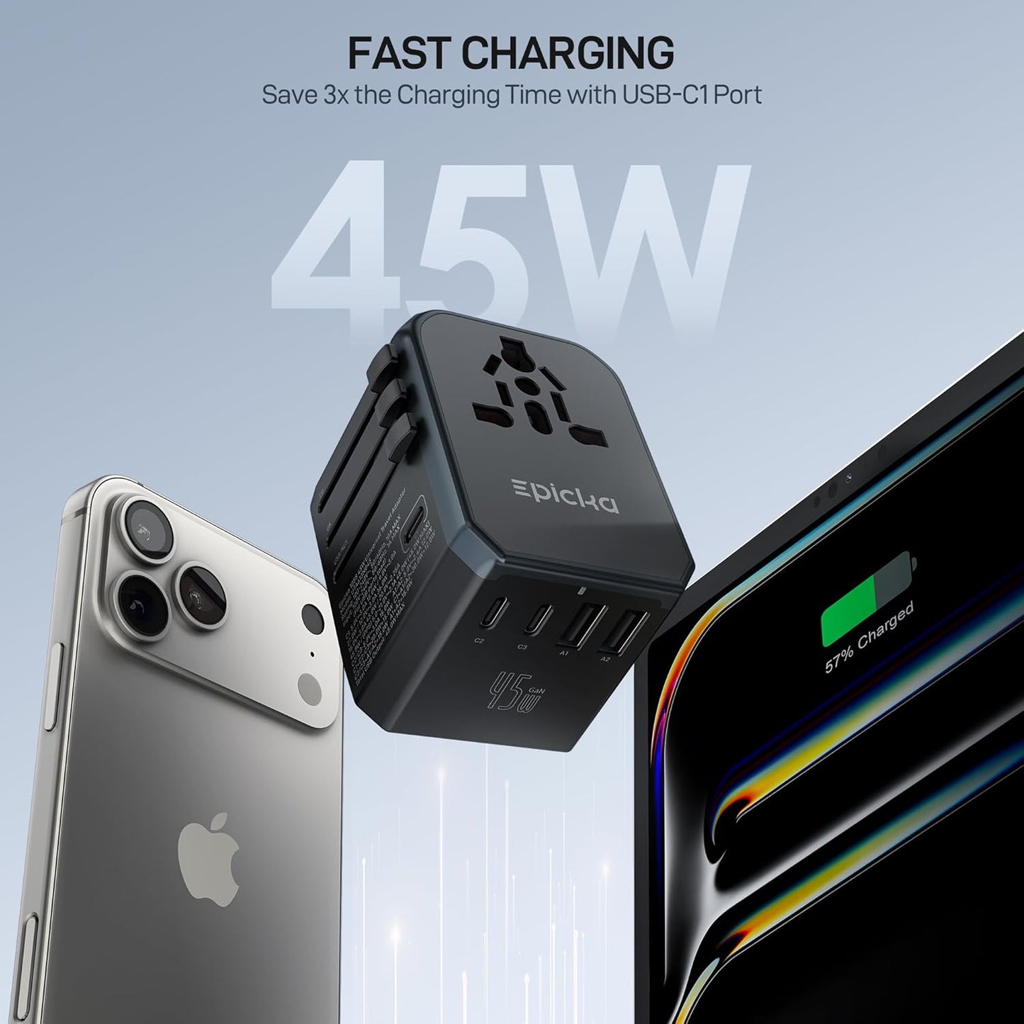 EPICKA 45W Universal Travel Adapter PD&QC, 1AC/4USB-C/1USB-A | Travel Plug Adapter for EU/US/UK/AUS, Fast Charging for Multi-Device, Not A Voltage Converter, TA-105S, Black