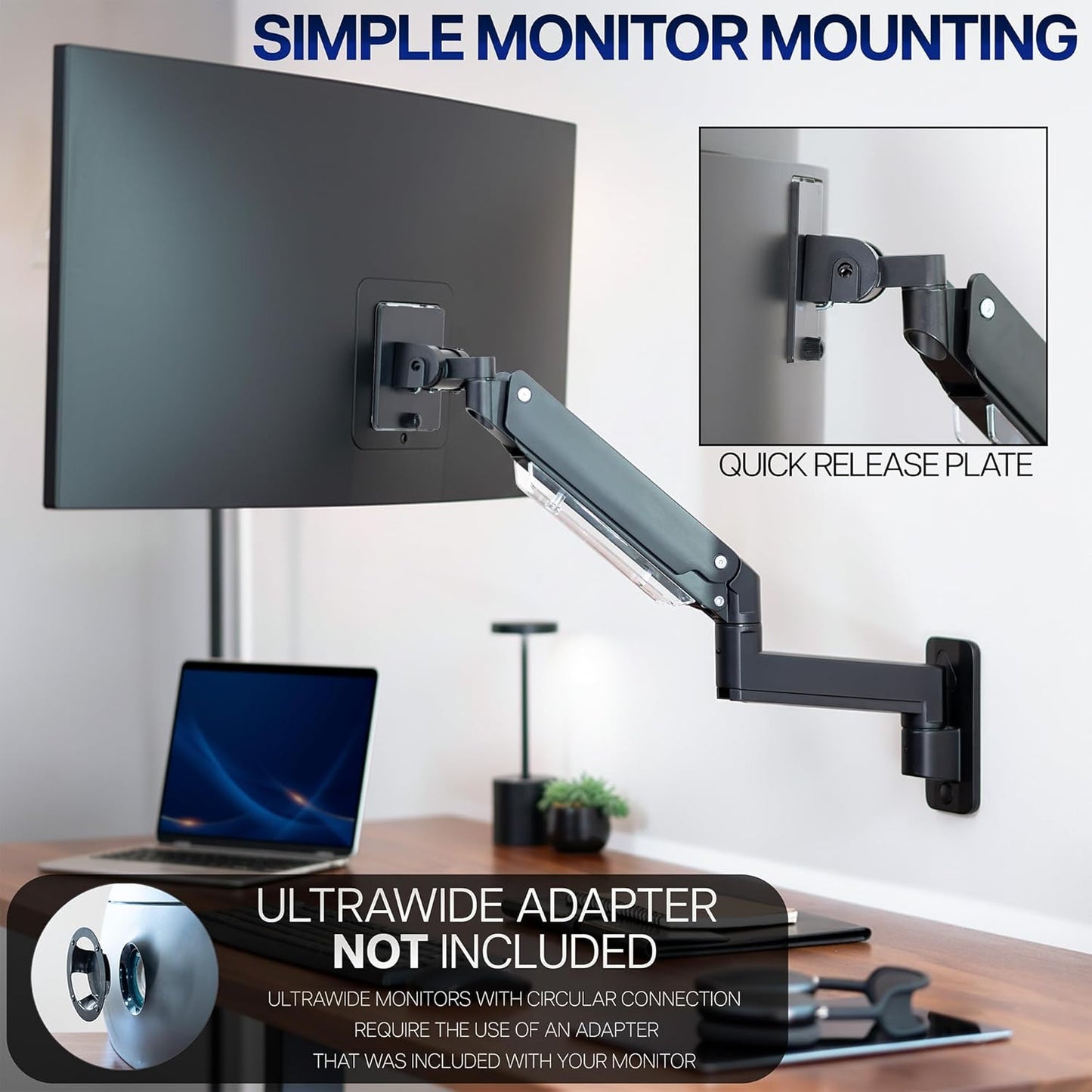VIVO Premium Aluminum Heavy Duty Monitor Arm for Ultrawide Screens up to 49 inches and 44 lbs, Single Wall Mount, Pneumatic Height, Max VESA 100x100, Black, MOUNT-V101G1