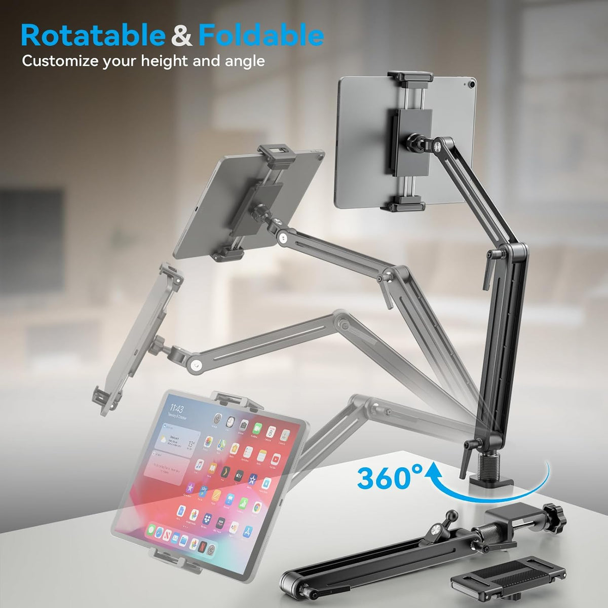 Portable Monitor Arm Mount Holder Screen Stand 18.5" 360° Rotating Base | Solid Aluminum,Tool-Free Tilt,No Sagging,Zero Plastic Joints,Hybrid Lock,Desk Protection Clamp for WFH Setups & Coding