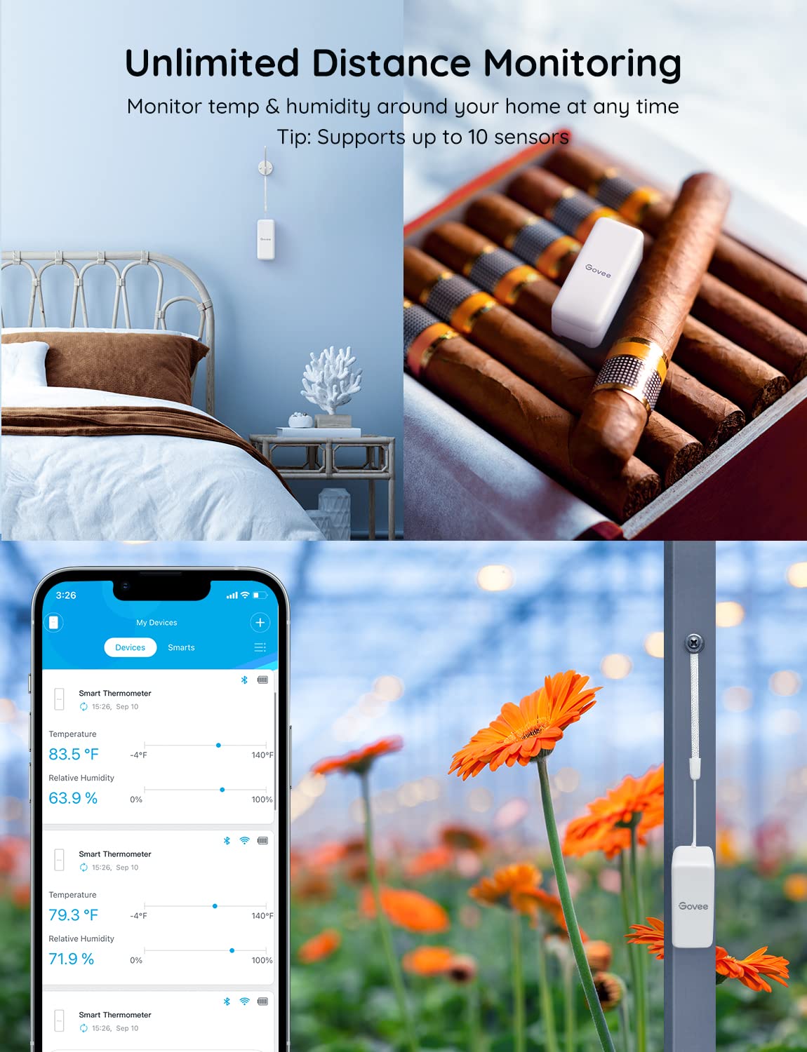 Govee Hygrometer Thermometer 3 Pack, Mini Humidity Sensor with Gateway | Indoor wireless smart temperature humidity monitor with APP alert, export 2-yr data, remote control for home/greenhouse
