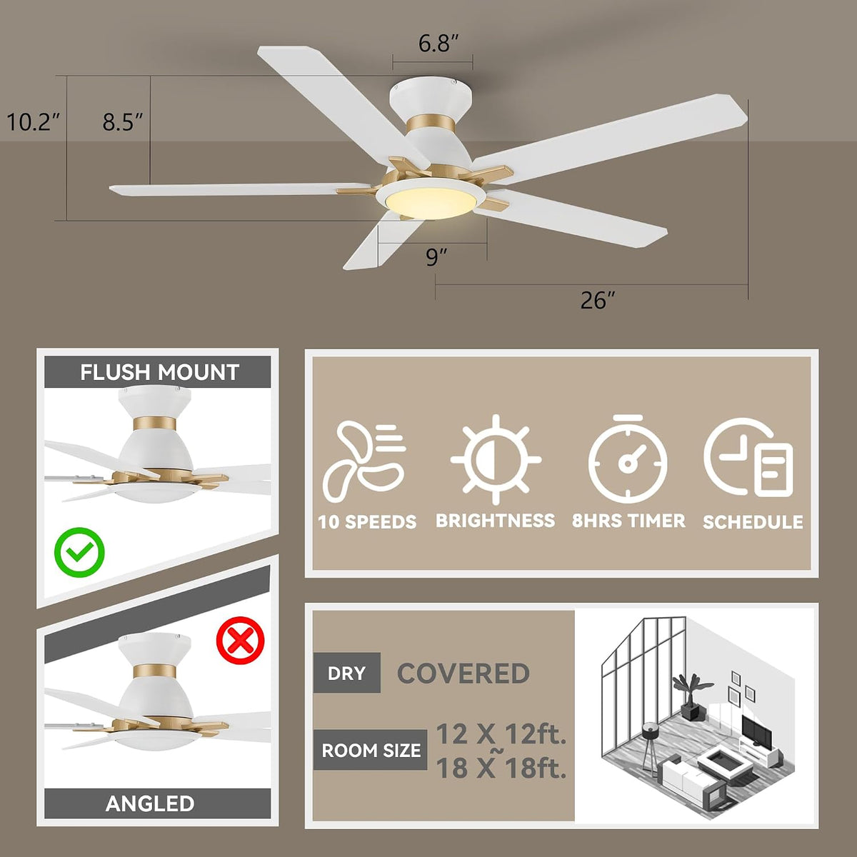 SMAAIR Smart Ceiling Fans with Lights, 52 Inch Low Profile Ceiling Fan with Remote/App/Voice Control via Alexa/Google Assistant/Siri, Flush Mount Modern Ceiling Fan for Bedroom, Reversible, White/Gold