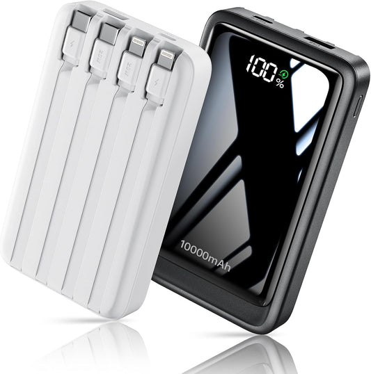 2 Pack 10000mAh Power Bank with 4 Built-in Cables for iPhone Android | 5 Outputs & 2 Inputs Portable Charger Slim Travel Essential Battery Pack, Fits iPhone 17/16/15/14, Galaxy S23/22, Pixel