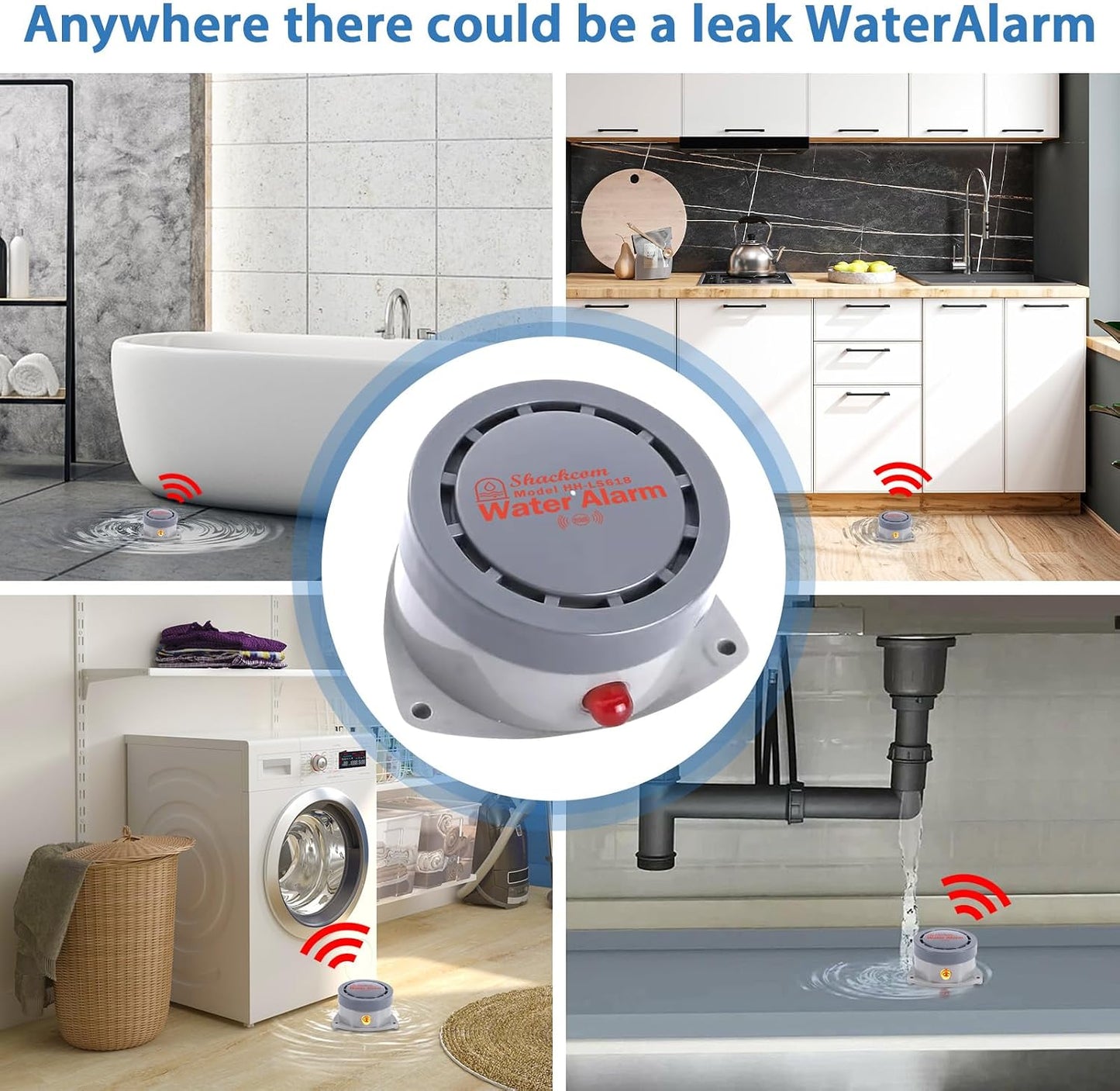 Water Leak Detector 2 Pack, Shackcom Water Alarm 110DB, Wireless, Waterproof & Battery-Operated, Audio and Light Alerts for Bathroom, Kitchen & Home Security ( Battery Not Included )