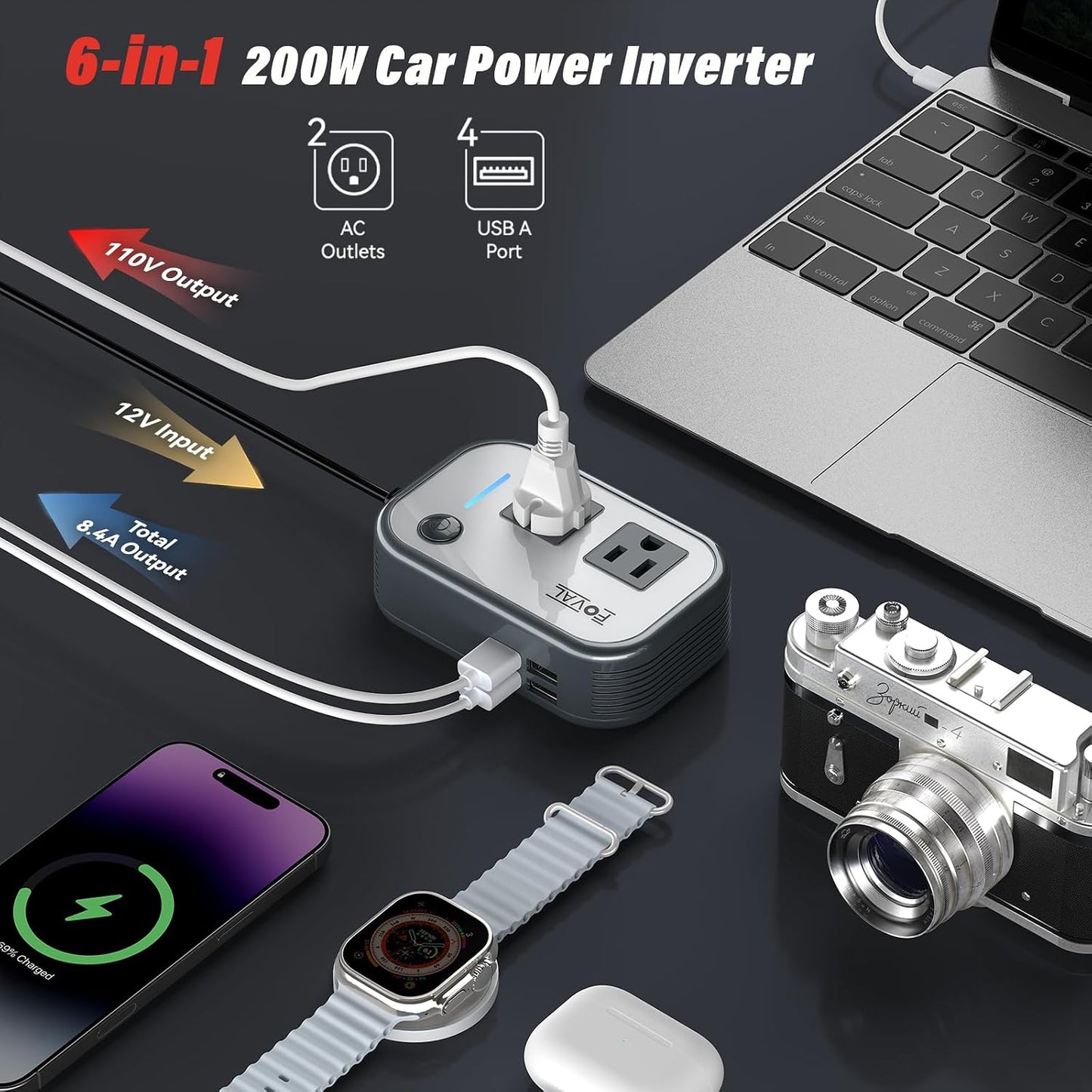 200W Car Power Inverter, FOVAL 12V DC to 110V AC Car Inverte with 4 USB Ports Car Outlet Adapter, Power Inverter for Vehicles, Car Plug Adapter Outlet for Laptop Computer Charger (Gray)