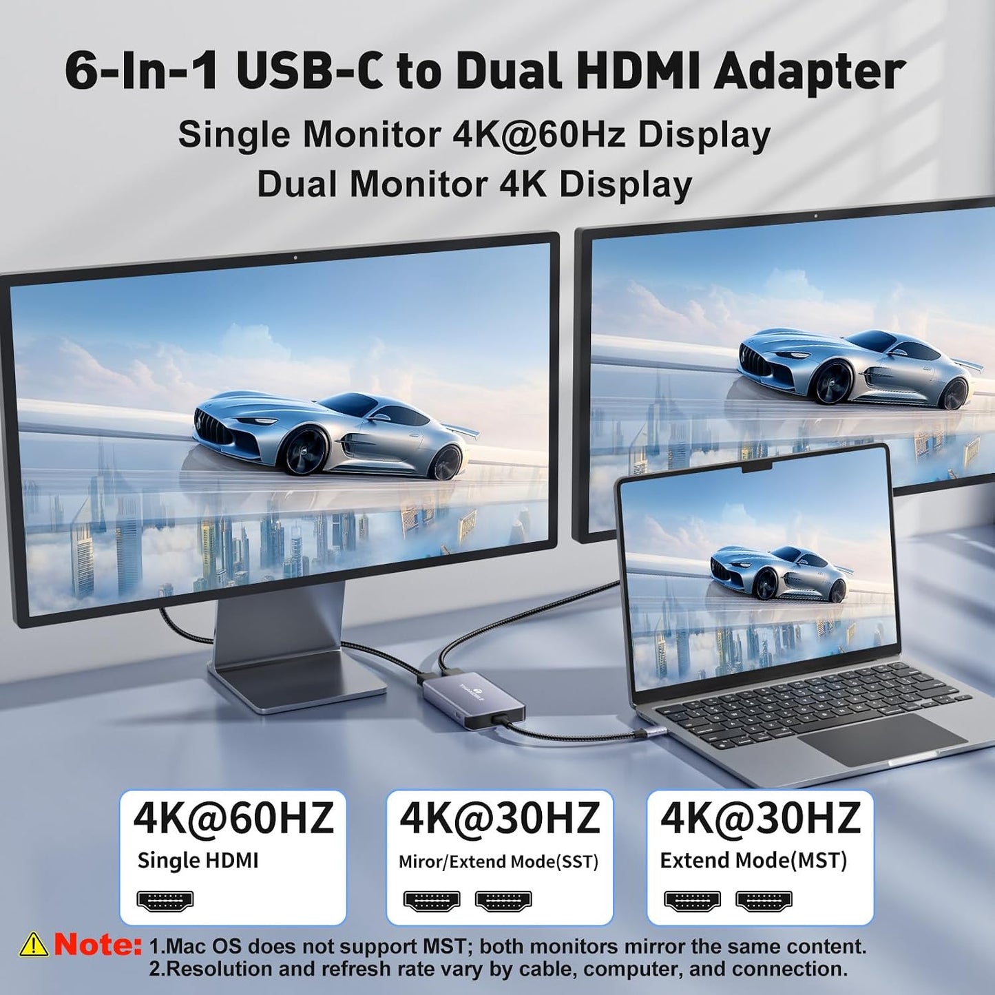 4K@60Hz USB C to Dual HDMI Adapter, 6 in 1 Docking Station Dual Monitor, 3*USB-A Data Ports, 100W PD, HDMI Splitter Extended Display Laptop USB C Hub for MacBook Neo/Air/Pro, HP, Dell and More