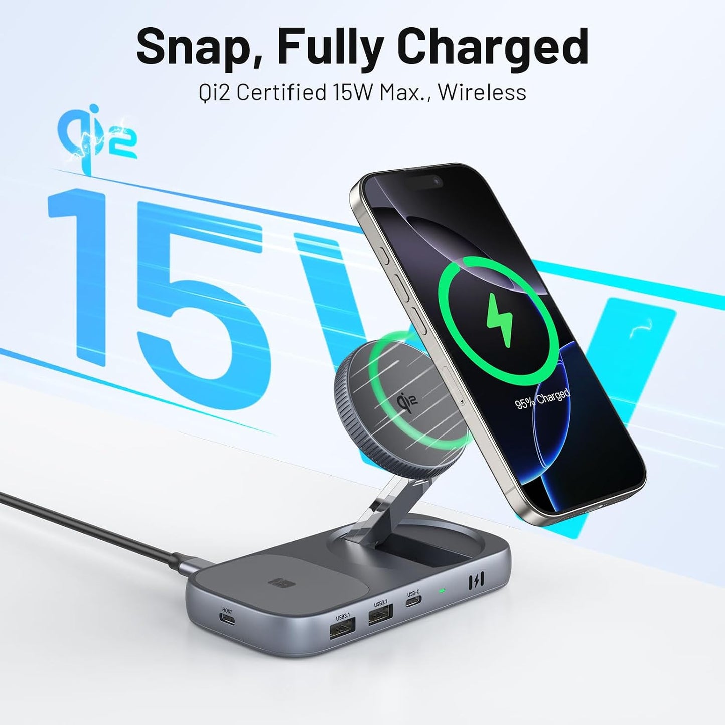 Selore USB C Hub with Wireless Charging for MacBook: 4K@60Hz HDMI, 100W PD, 15W Qi2 + 5W Wireless, 10Gbps Ports, iPhone Mirroring Docking Station & Magsafe Stand, Space-Saving Desk Organizer