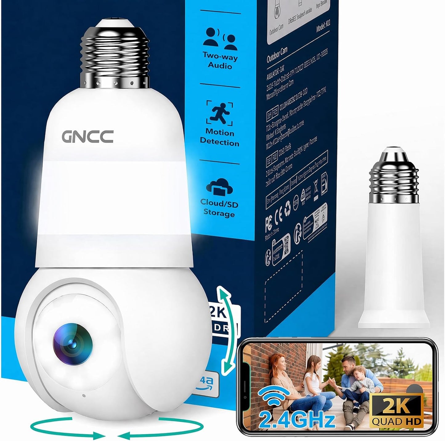 GNCC 2K Light Bulb Security Camera, 360° Outdoor Camera 2.4G WiFi (1-Pack) | Easy Screw-in Porch/yard Bulb socket, Full color night vision, Motion Detect, Built-in LED Bulb/Spotlight, SD/Cloud Storage