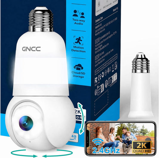 GNCC 2K Light Bulb Security Camera, 360° Outdoor Camera 2.4G WiFi (1-Pack) | Easy Screw-in Porch/yard Bulb socket, Full color night vision, Motion Detect, Built-in LED Bulb/Spotlight, SD/Cloud Storage